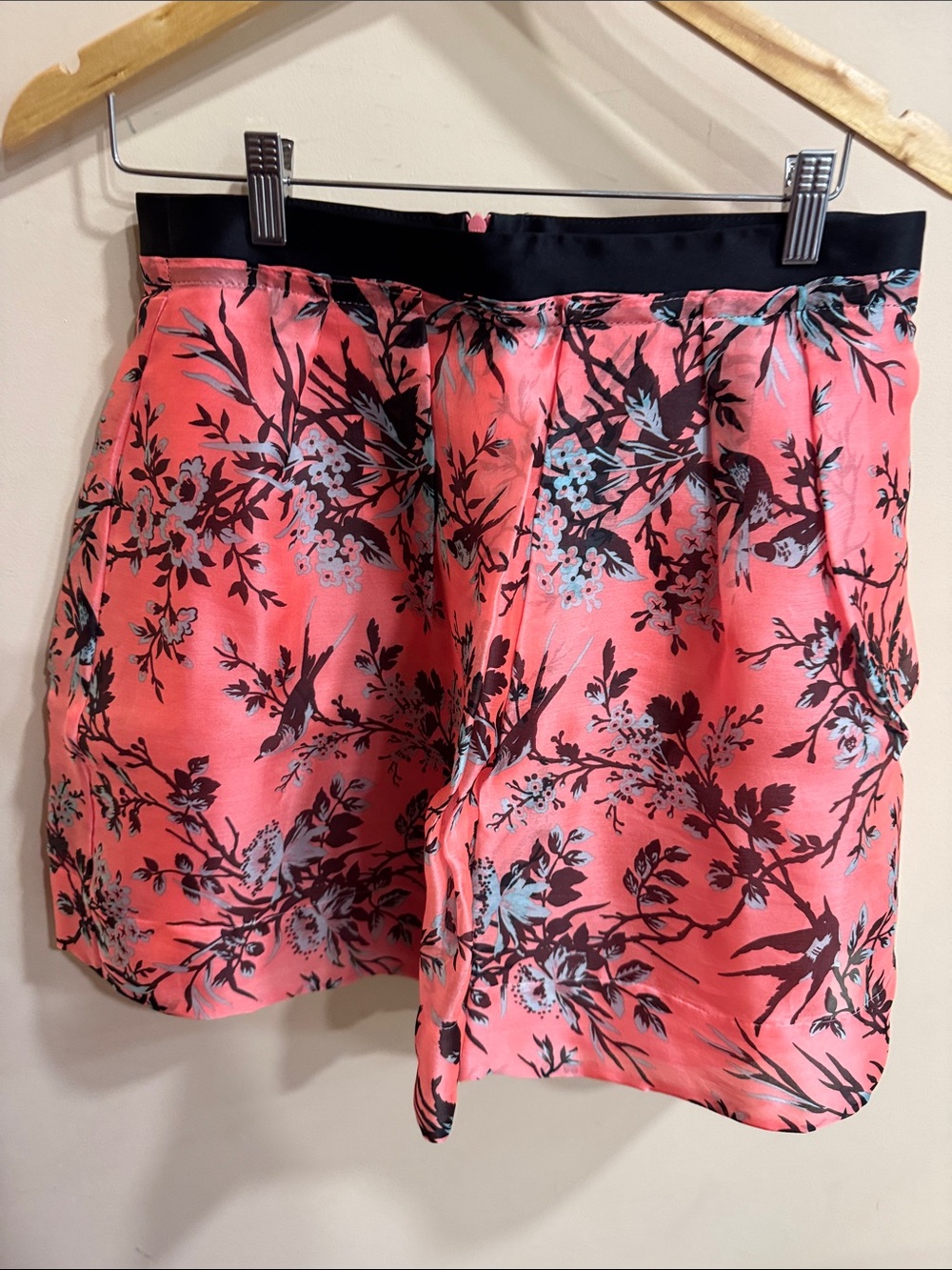 Nanette Lepore Coral and Teal Holt Renfrew Floral Silk Skirt with Black Trim